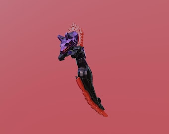 Puede incluir: Un arma futurista estilizada con un cuerpo negro, una cabeza morada y detalles rojos. La cabeza tiene un diseño geométrico y el arma tiene una extensión en forma de cuchilla. El fondo es de color rojo liso.