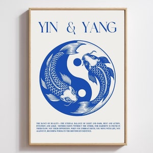 May include: A blue and white Yin Yang symbol with two fish swimming around it. The text "YIN & YANG" is at the top of the image. The text below the symbol reads "THE DANCE OF DUALITY - THE ETERNAL BALANCE OF LIGHT AND DARK, REST AND ACTION, INTUITION AND LOGIC, NEITHER EXISTS WITHOUT THE OTHER FOR HARMONY IS FOUND IN THEIR FLOW, NOT THEIR OPPOSITION, WHEN YOU EMBRACE BOTH, YOU MOVE WITH LIFE, NOT AGAINST IT, BECOMING WHOLE IN THE RHYTHM OF EXISTENCE."