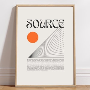May include: A minimalist poster with the word "SOURCE" in a bold, stylized font. The poster features a large orange circle and a series of black lines radiating outwards from the bottom left corner.