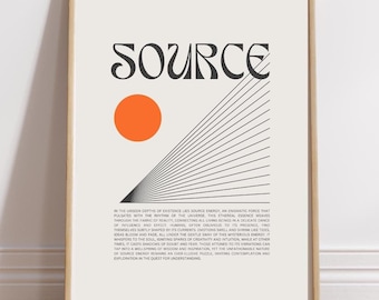 May include: A minimalist poster with the word "SOURCE" in a bold, stylized font. The poster features a large orange circle and a series of black lines radiating outwards from the bottom left corner.