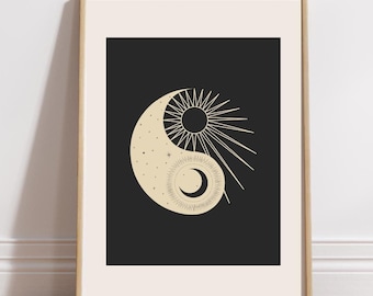 Yin Yang zon- en maanprint, spirituele zenkunst (digitale download)