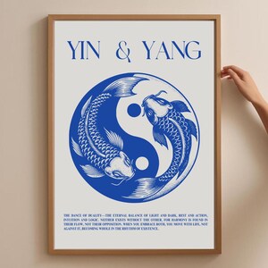 May include: A blue and white yin yang symbol with two fish swimming around it. The text "YIN & YANG" is at the top of the image. The text below the symbol reads "THE DANCE OF DUALITY - THE ETERNAL BALANCE OF LIGHT AND DARK, REST AND ACTION, INTUITION AND LOGIC, NEITHER EXISTS WITHOUT THE OTHER, FOR HARMONY IS FOUND IN THEIR FLOW, NOT THEIR OPPOSITION, WHEN YOU EMBRACE BOTH, YOU MOVE WITH LIFE, NOT AGAINST IT, BECOMING WHOLE IN THE RHYTHM OF EXISTENCE."