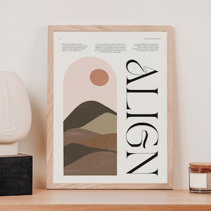 May include: A framed print with a minimalist abstract design featuring a pink and brown arch with a sun, green and brown hills, and the word "ALIGN" in black text.