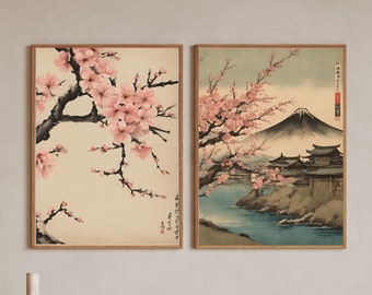Japanese Art Print Vintage Japanese Wall Art Set of 2 Japanese Landscape Art Japanese Cherry Blossom Art Water Colour Printable Art Japanese