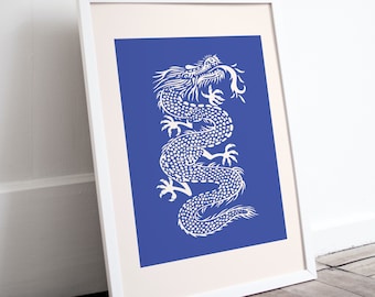 Dragon Art Print Minimalist Wall Art Blue Dragon Tattoo Style Chinese Dragon Minimalist Art For Living Room and Bedroom Blue Art Print