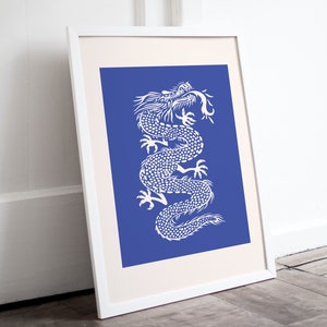 Dragon Art Print Minimalist Wall Art Blue Dragon Tattoo Style Chinese Dragon Minimalist Art For Living Room and Bedroom Blue Art Print