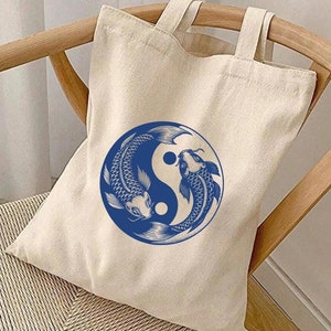 Yin Yang Tote Bag Koi Fish Tote Yin and Yang Symbol Beige Tote Retro Bag Reusable Retro Tote Spiritual Design Yin Yang Symbol
