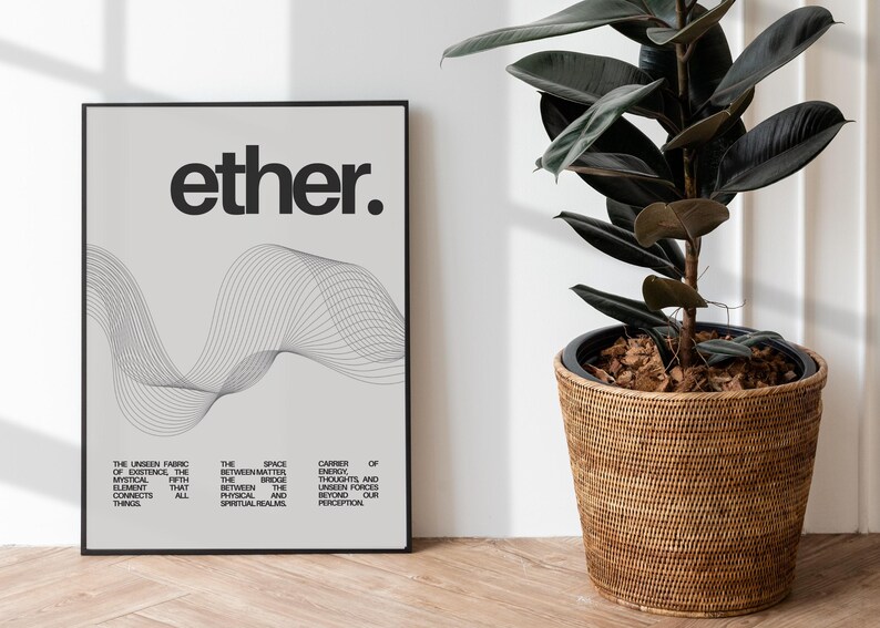 May include: A black and white poster with the word "ether." printed in bold, black letters. The poster features a stylized, abstract wave design and text describing the concept of ether.