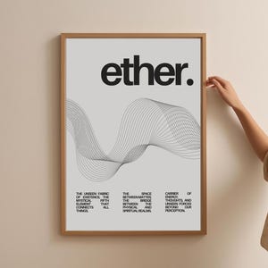 May include: A black and white poster with the word "ether." in bold black text. The poster features a graphic of a wavy line pattern and text describing ether as the unseen fabric of existence, the fifth mystical element that connects all things. The text also describes ether as the space between matter, the bridge between the physical and spiritual realms, and the carrier of energy, thoughts, and unseen forces beyond our perception.