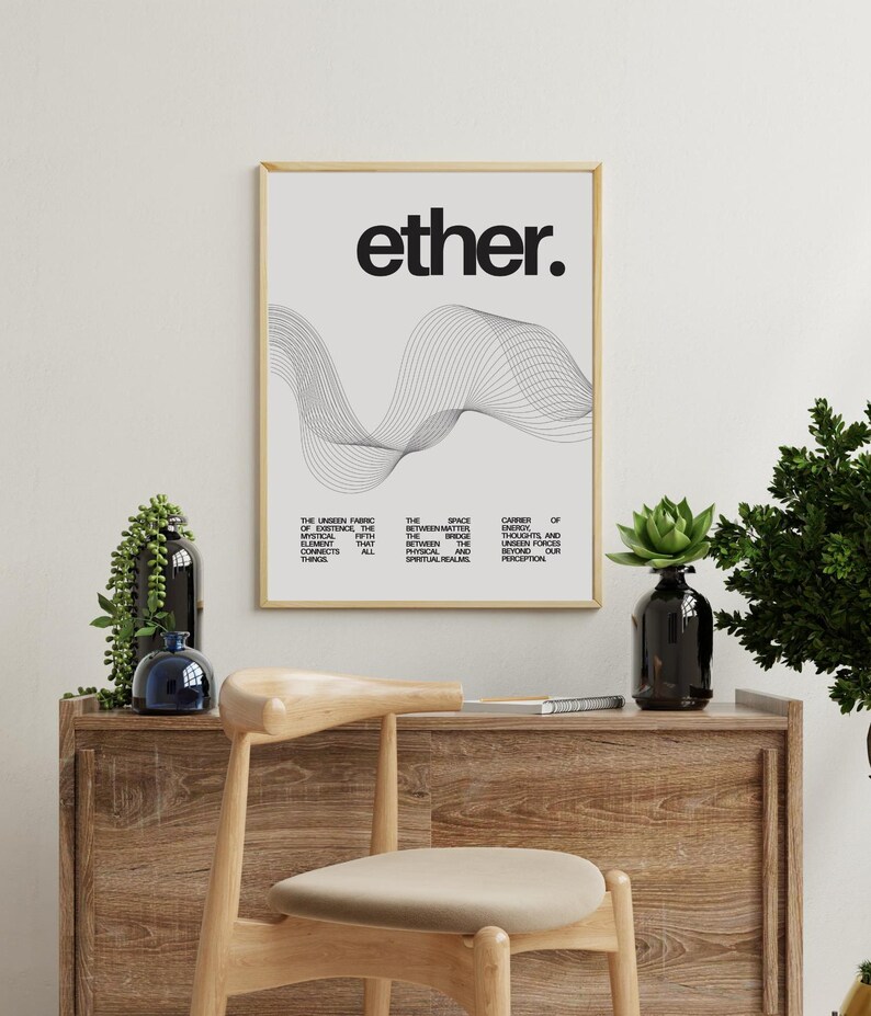 May include: A black and white poster with the word "ether." printed in bold, black letters. The poster features a stylized, abstract design of wavy lines. The text below the design reads: "The unseen fabric of existence, the mystical fifth element that connects all things. The space between matter, the bridge between the physical and spiritual realms. Carrier of energy, thoughts, and unseen forces beyond our perception."
