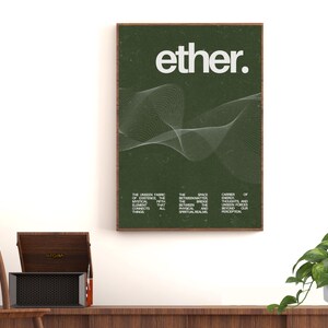May include: A framed art print with the word "ether" in white, set against a textured dark green background. The artwork features a flowing, abstract white line design. Below the word are three columns of white text.