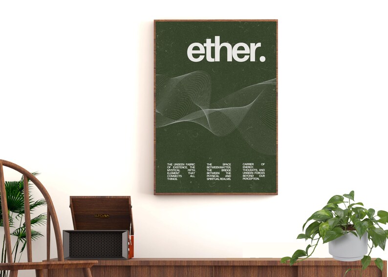 May include: A framed art print with the word "ether" in white, set against a textured dark green background. The artwork features a flowing, abstract white line design. Below the word are three columns of white text.