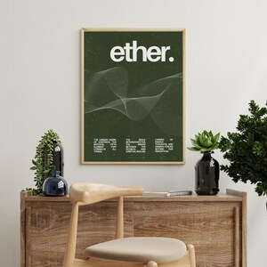 May include: A framed art print with the word "ether." in white, above a white wavy line design, on a dark green background. The print has text at the bottom. The frame is a light brown color.