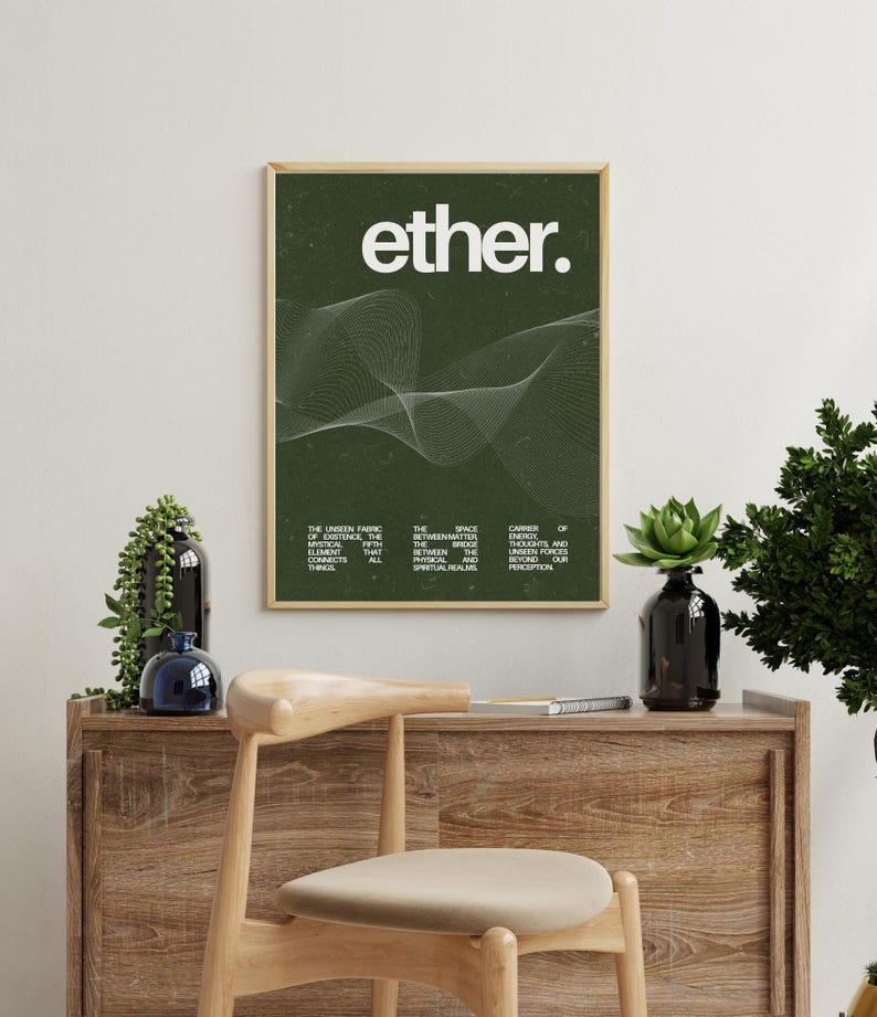 May include: A framed art print with the word "ether." in white, above a white wavy line design, on a dark green background. The print has text at the bottom. The frame is a light brown color.