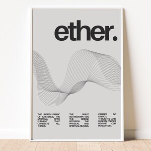 May include: A minimalist poster with the word "ether" in bold black text on a light gray background. The poster features a stylized black and white graphic of a wave, with the text "The unseen fabric of existence, the mystical fifth element that connects all things. The space between matter, the bridge between the physical and spiritual realms. Carrier of energy, thoughts, and unseen forces beyond our perception."