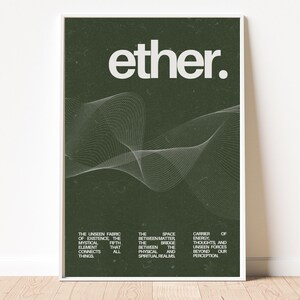 May include: A framed art print with the word "ether" in white, above a flowing white line design on a dark green background. The print includes text describing the unseen fabric of existence and the bridge between physical and spiritual realms.