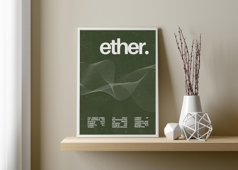 May include: A framed art print with the word "ether." in white, set against a dark green textured background. A white, wavy line design is featured below the text. The print is displayed on a wooden shelf with decorative items.