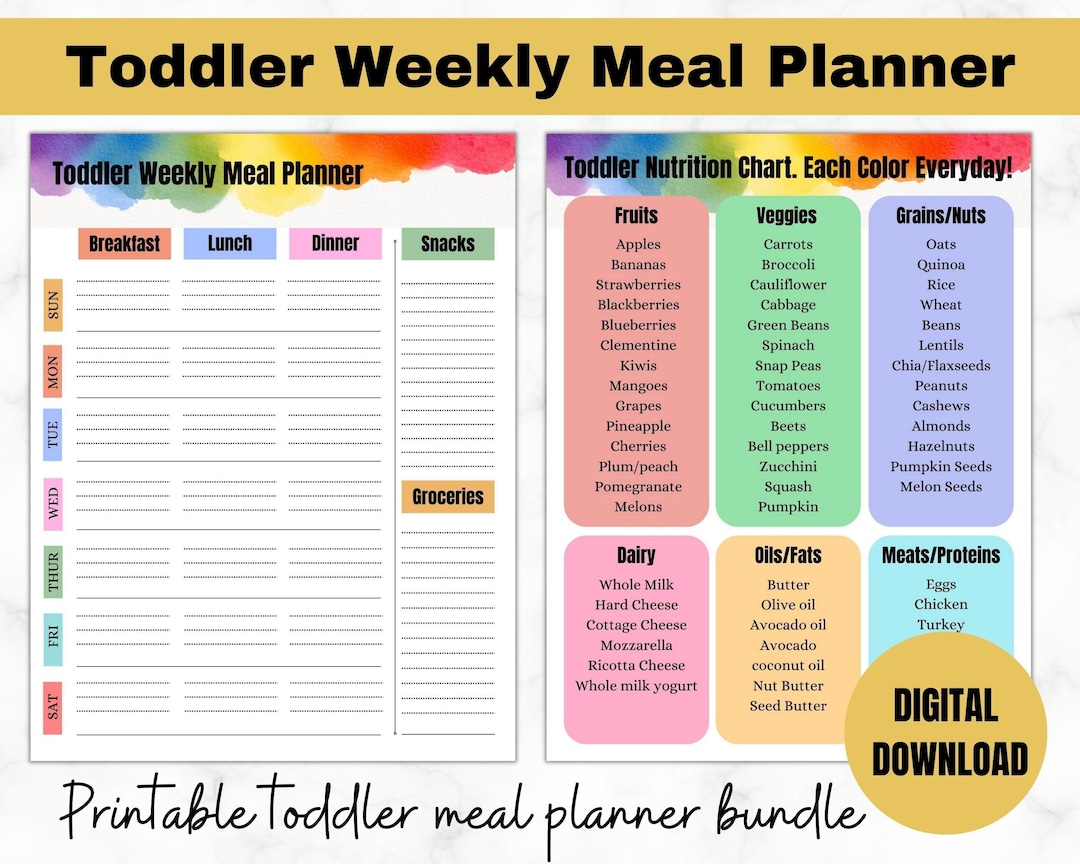 Toddler Weekly Meal Planner With Nutrition Color Chart, Weekly Meal