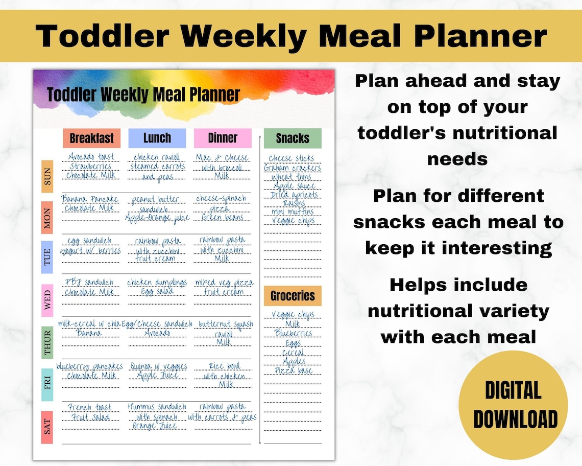 Toddler Weekly Meal Planner With Nutrition Color Chart, Weekly Meal ...