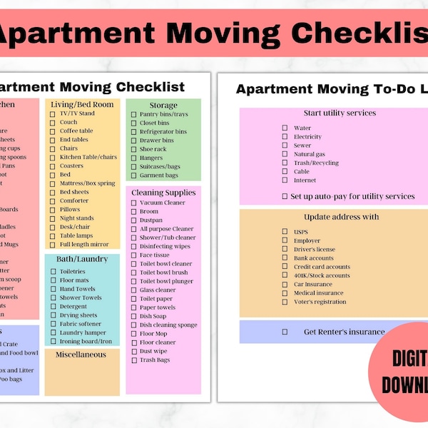 Apartment Moving Checklist, Moving Checklist, First Apartment Checklist, Condo Checklist