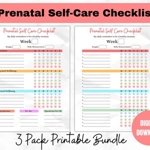 Puede incluir: Paquete de tres listas de control de autocuidado prenatal imprimibles. Cada lista de control tiene secciones para nutrición, bienestar físico, bienestar mental, síntomas, tareas pendientes y preguntas para el obstetra. Las listas de control tienen un diseño colorido con acentos rosa, azul, amarillo y verde.