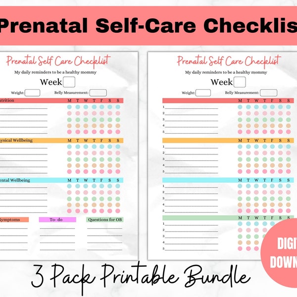 Prenatal self-care checklist for pregnancy wellness, Daily well-being for moms-to-be, Printable checklists for pregnancy progress