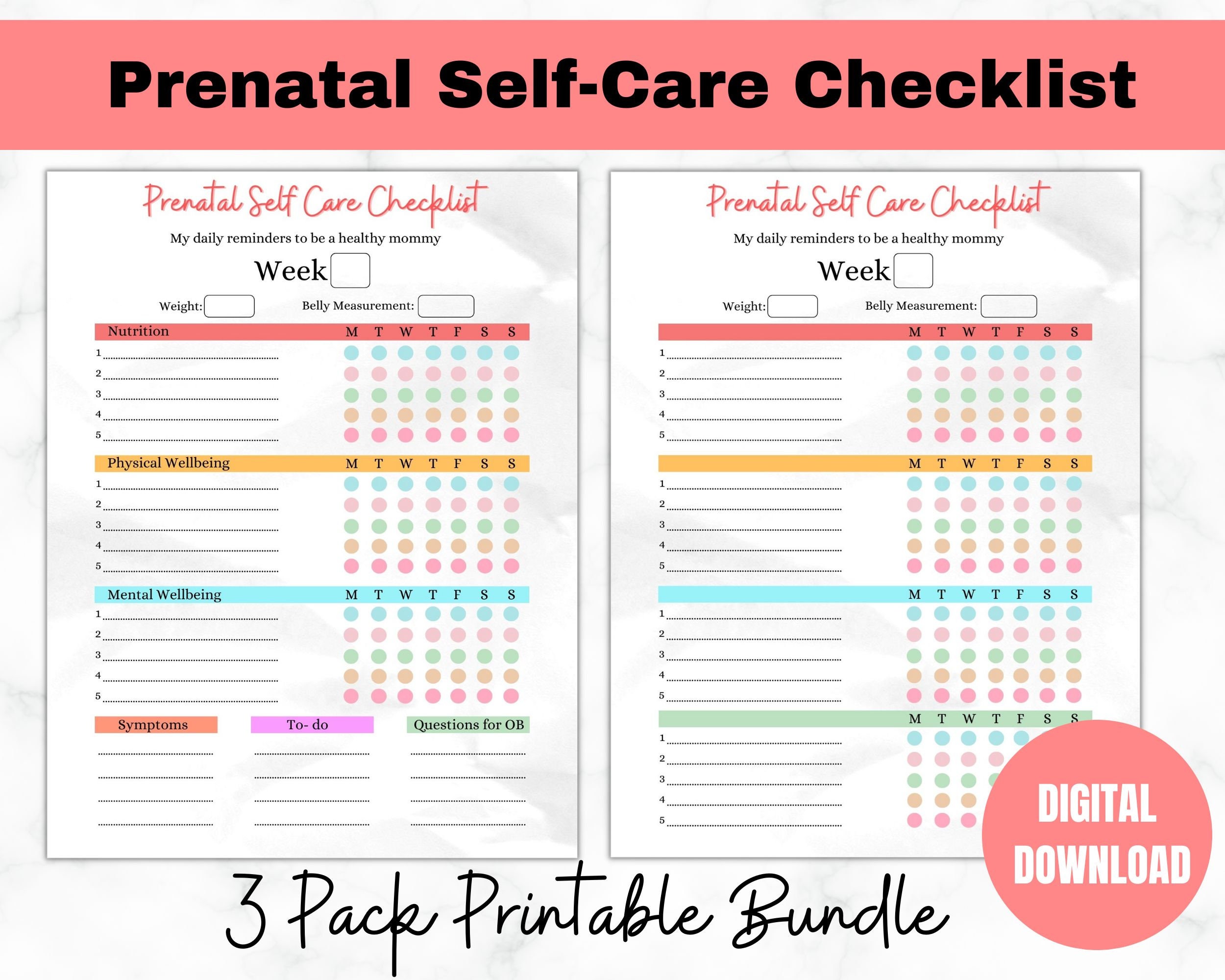 Prenatal Selfcare Checklist for Pregnancy Wellness, Daily Wellbeing