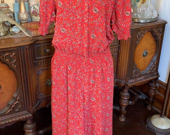 Vintage Red Floral Botanical Print Boho Hippie Gypsie Romper Jumper