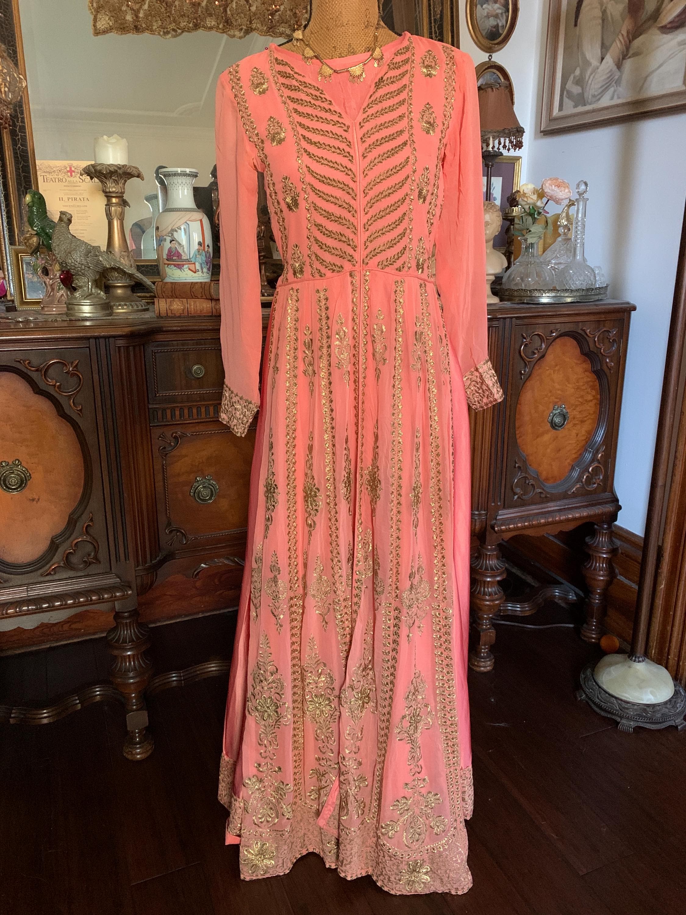 green emerald velvet dress Moledro — Peach And Muted Gold Floral Applique Soft Net Draped Dress –  Fabilicious Fashion main image 0