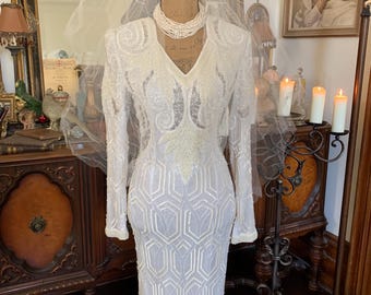 Vestido de novia/fiesta de graduación/concurso de belleza de seda con cuentas, estilo glamuroso de los años 80/90, inspirado en las chicas Gibson (sin tiara/velo).