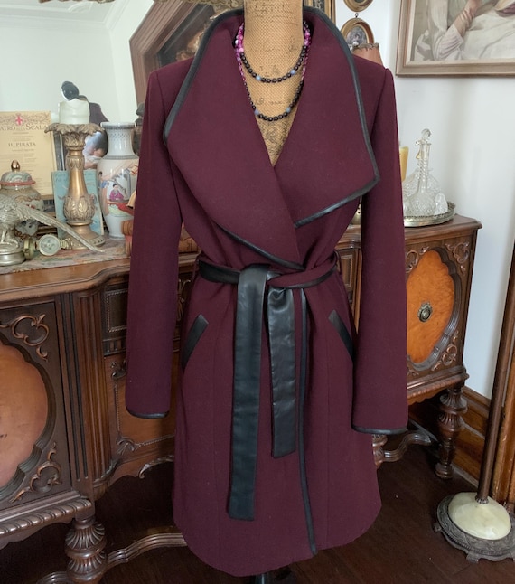 Vintage Edgy Burgundy and Black Faux Leather Trim Wool-Mix Pea Trench Fall Winter Coat