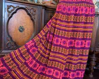 Vintage Tropical Pink and Orange Geometric Boho Hippie Gypsie Maxi Skirt