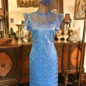 Vintage Lace Periwinkle Blue Evening Wedding Garden Party Bridesmaid Cocktail Prom Dress & 80’s Fascinator Veil Satin Hat Styled by Victoria
