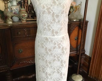 Vintage Lauren Ralph Lauren Classic Romantic White and Beige Stretch Lace Dress Mother-of-the-Bride