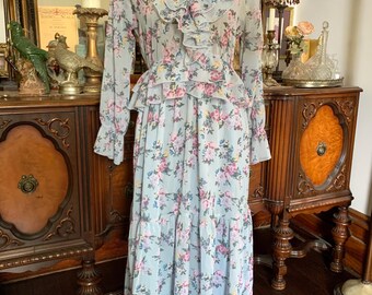 Pre-loved Boho Victorian-inspired Light Blue Floral Ruffle Dress - Romantic Cottagecore Gown