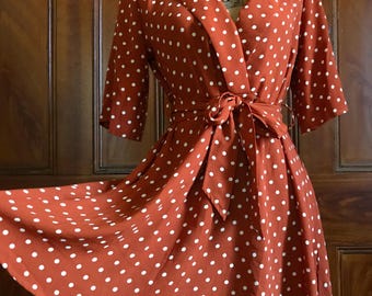 Vintage Rust Polkadot 40’s or 50’s-inspired Pin-up Rockabilly Classic Belted Bow Dress