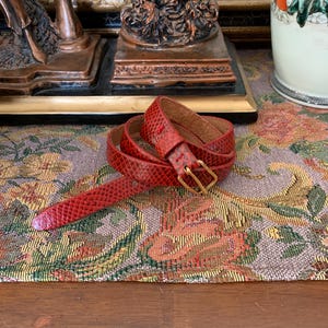 Puede incluir: Un cinturón rojo enrollado con un patrón de piel de serpiente y una hebilla dorada. El cinturón está hecho de un material texturizado y se muestra sobre una superficie con estampado floral. Es un accesorio de moda.