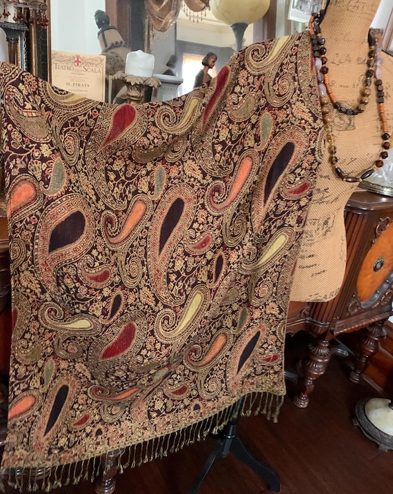 Vintage Reversible Golden Autumn Tones Beautiful Victorian-inspired Exotic Pashmina Floral Paisley Boho Hippie Gypsie Scarf Shawl Wrap