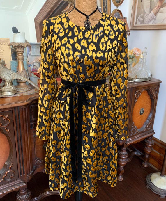black and gold leopard dress Vintage Danish Design Velour Print Dress, Velvet Ribbon Belt Glitter