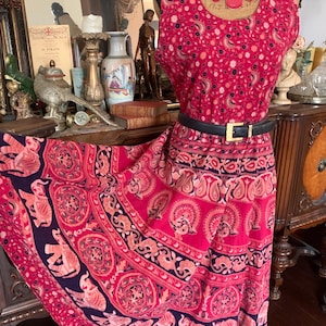 Vintage Exotic Boho Hippie Gypsie Indian Elephant Bird Print Cotton Spring Summer Fall Dress
