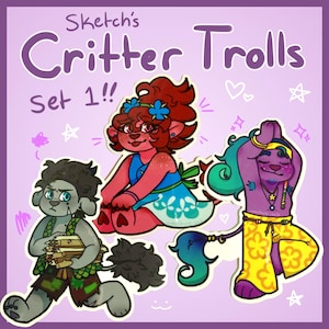 Critter Trolls Aufkleber Set 1 | Trolle | Mohnblume, Zweig, Creek Aufkleber | Amethyst-Heiligenschein