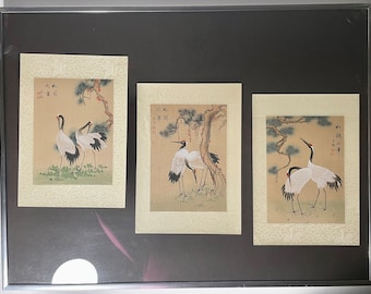 Trio of Chinese Watercolor Cranes on Silk