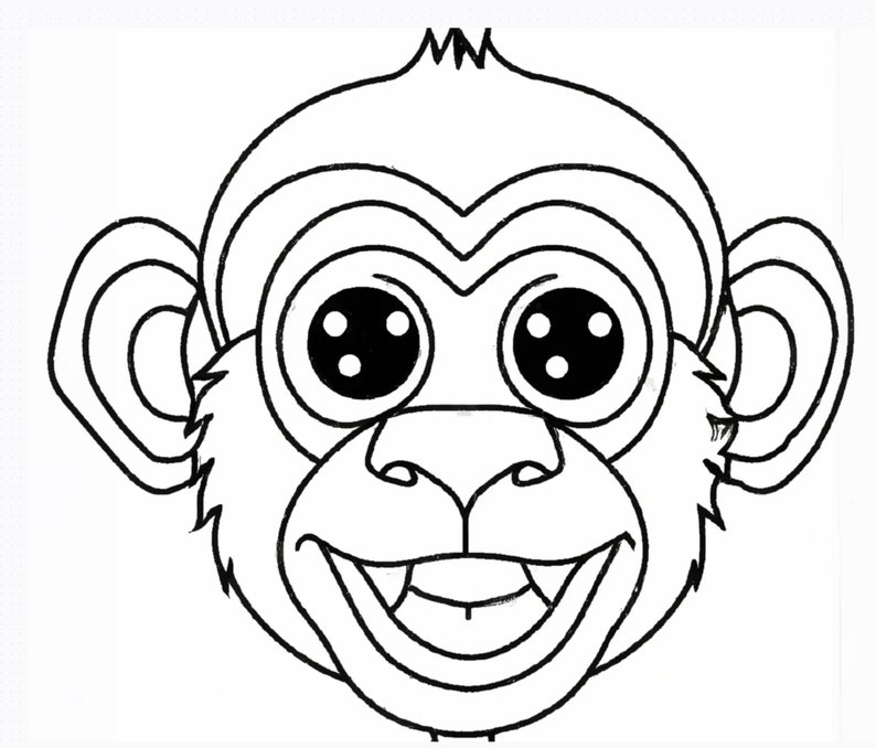 Pu&ograve; includere: Illustrazione a fumetti in bianco e nero del volto di una scimmia. La scimmia ha grandi occhi rotondi con pupille nere, una bocca sorridente con denti visibili e grandi orecchie. L'immagine &egrave; un semplice disegno a tratto.