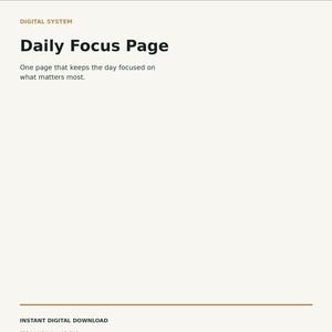 Könnte beinhalten: Ein digitales Dokument mit dem Titel Daily Focus Page von Velluneva, das den Text Digital System und eine Beschreibung enthält, die besagt, dass es eine Seite ist, um sich auf das Wesentliche zu konzentrieren, inklusive PDF A4, US Letter, A5, PNG.