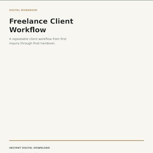 Könnte beinhalten: Ein digitales Arbeitsbuch mit dem Titel Freelance Client Workflow von Velluneva. Das Dokument enthält den Untertitel A repeatable client workflow from first inquiry through final handover. Es ist ein sofortiger digitaler Download in A4 und US Letter.