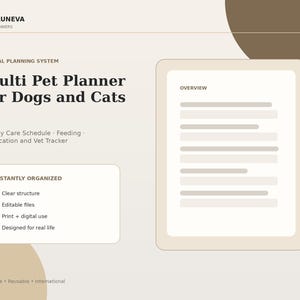 May include: A digital planning system titled Multi Pet Planner for Dogs and Cats by Velluneva. The beige and brown graphic displays a care schedule, feeding, medication, and vet tracker, with an overview page and an instantly organized list.