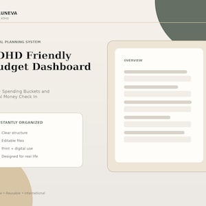 May include: A digital planning system titled ADHD Friendly Budget Dashboard by Velluneva. The beige and dark green graphic features a list of features including clear structure, editable files, print and digital use, and a visual money check-in.