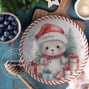 Thermosaf Polymer Personalized Childrens Plate Set Custom Christmas Bear Plate, Baby Girls First Christmas Granddaughters First Christmas