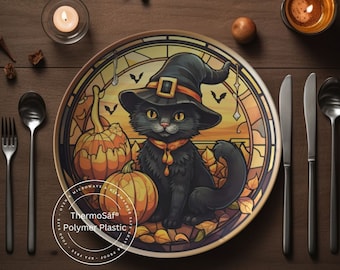 ThermoSaf Polymer Black Cat Halloween Plates Halloween , Halloween Kitchen Halloween Dinnerware   Halloween Dinnerware Cat Decor