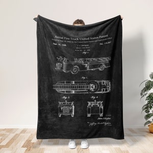 Aerial Fire Truck United States Patent Blanket, Minky Throw Blanket Firefighter Gift Cozy Sofa Throw Blanket Fireman Gift Unique Blanket
